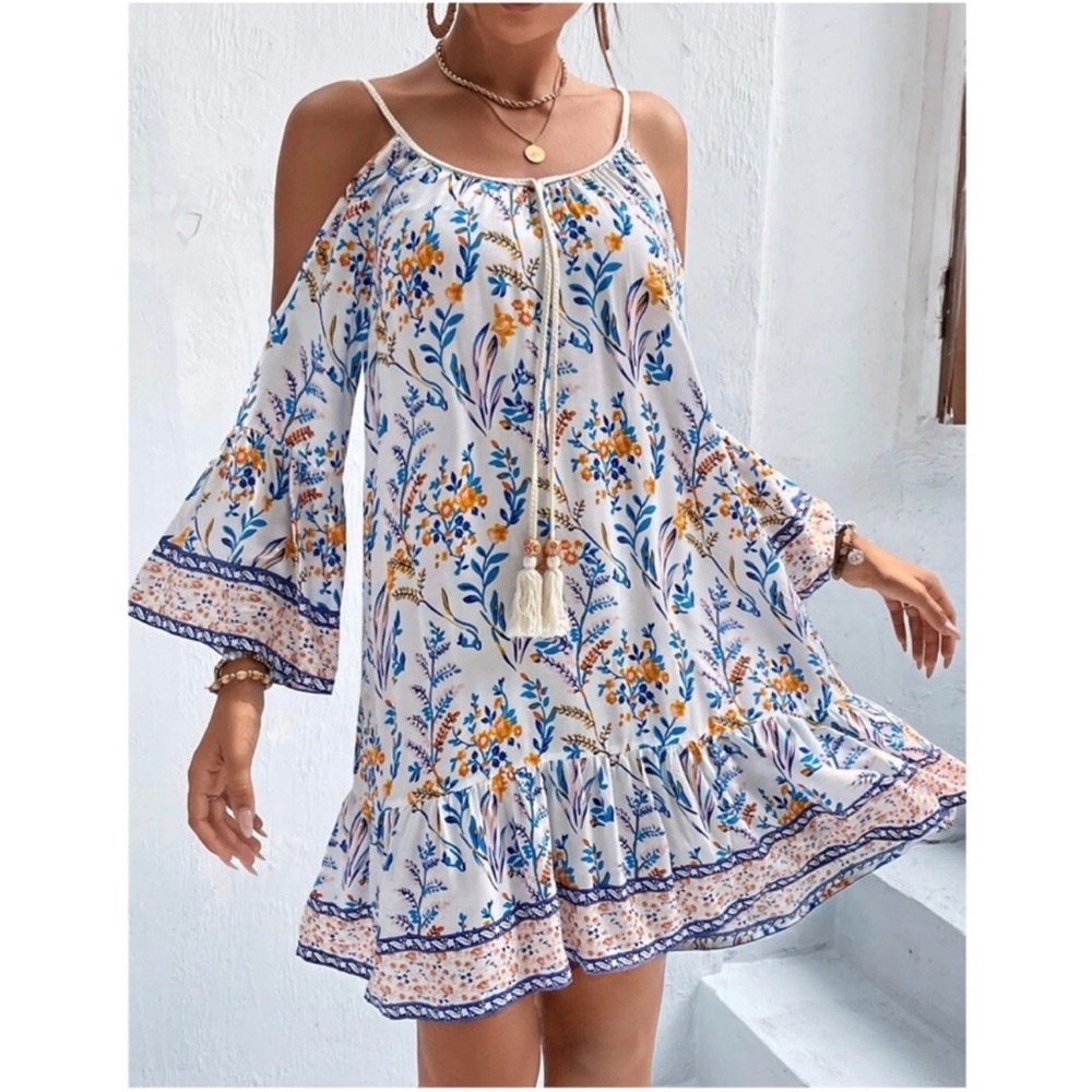 Floral Print Cold Shoulder Mini Dress XS S M L XL XXL